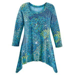 New XXL Blue Green Sparkling Sequin Peacock Feather Design SharkBite Knit Tunic
